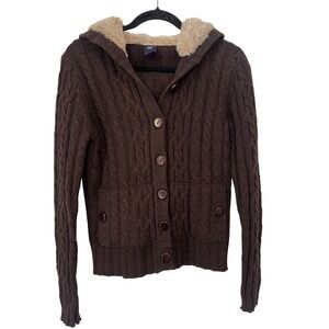 Vintage Y2K Gap Brown Cable Knit Cardigan Faux Fur Hood Cozy Grunge Small 2000s